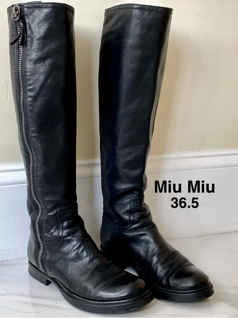 Miu Miu Black Leather Knee-High Riding Boots Boots 5W8202 F020 size 36.5